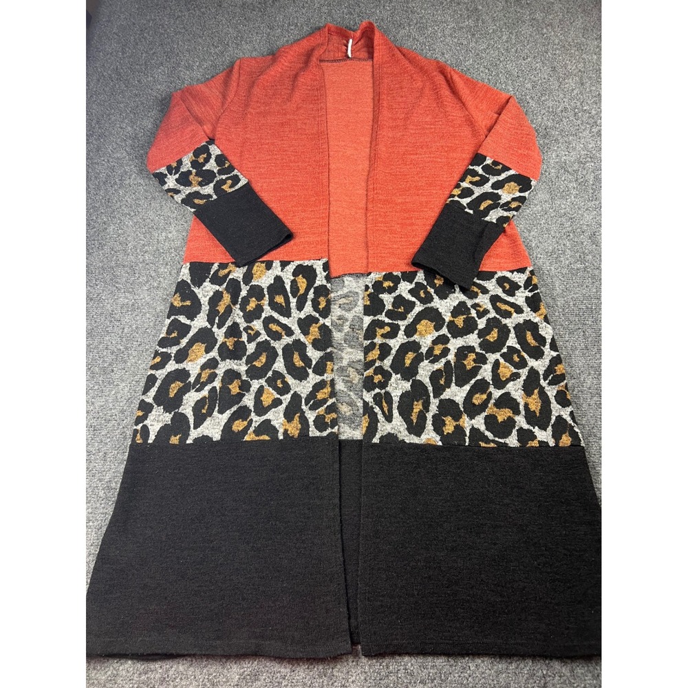 Leopard Print Colorblock Open Front Duster Cardigan Rust Orange Black L
